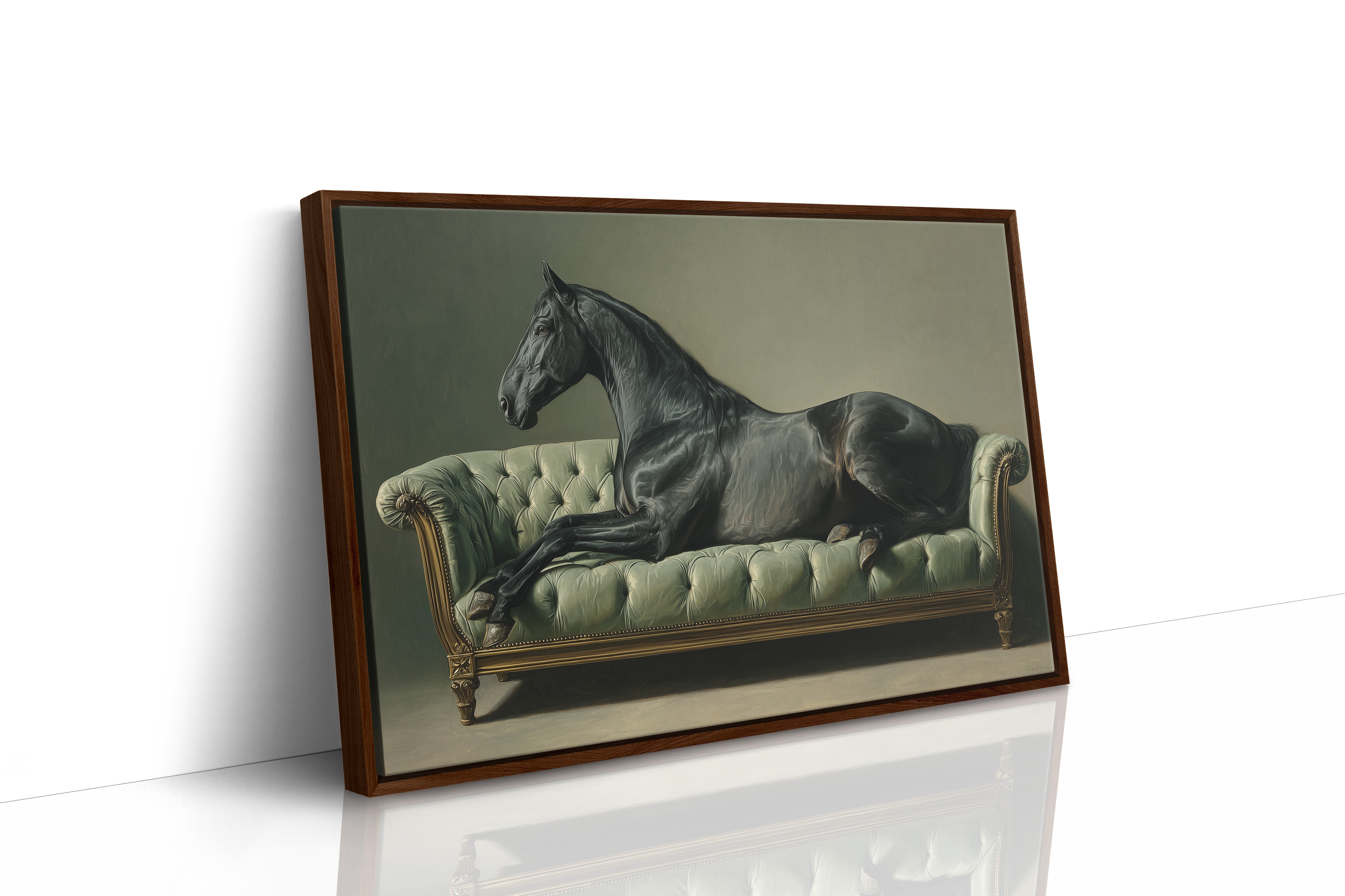 Aristocratic Repose: Ebony Stallion on a Mint Couch