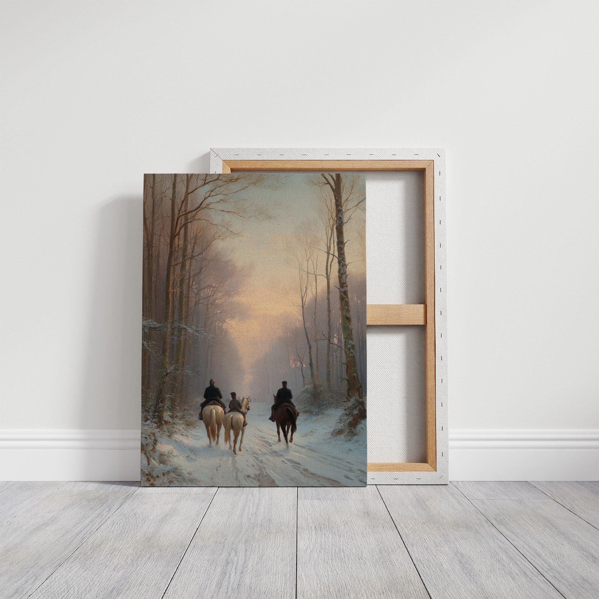 Winter Riders Through Misty Forest