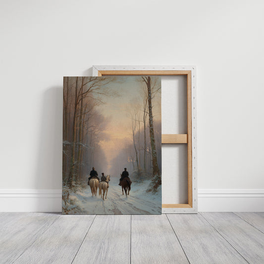 Winter Riders Through Misty Forest
