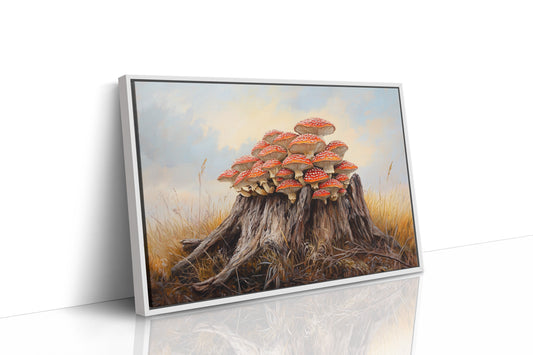Red Mushrooms Crown Ancient Stump