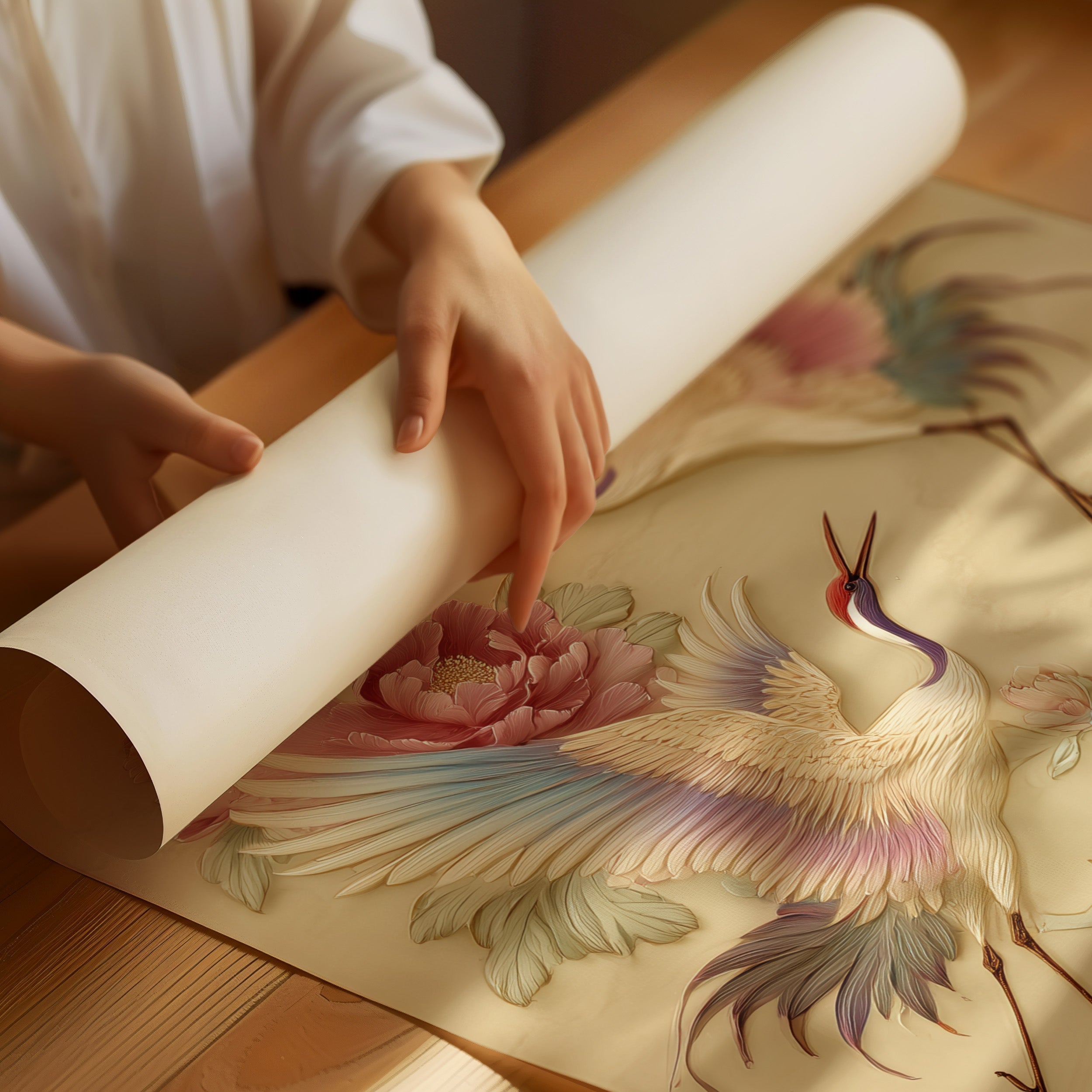Graceful Cranes Among Peony Blooms