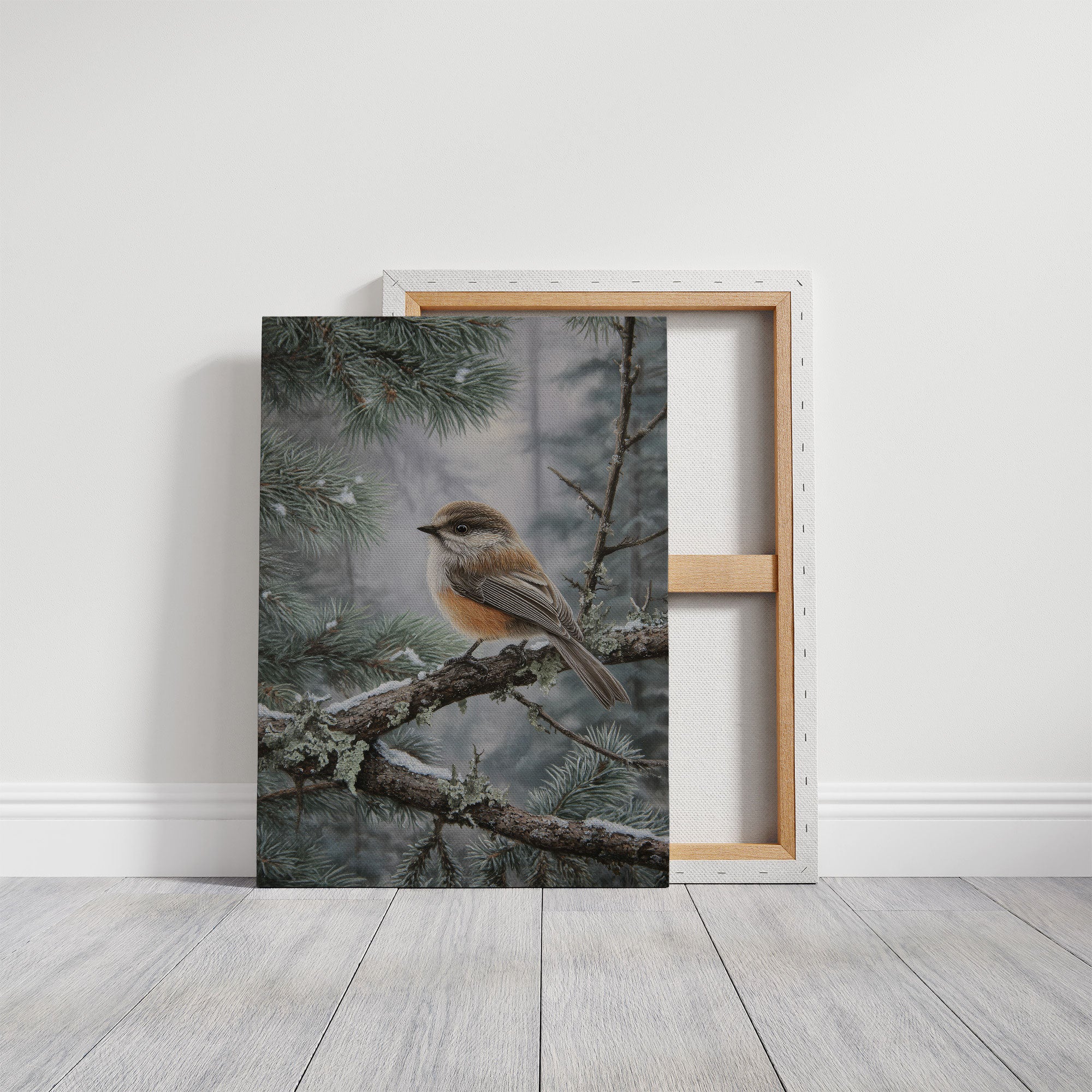 Winter Songbird Perches Among Pines