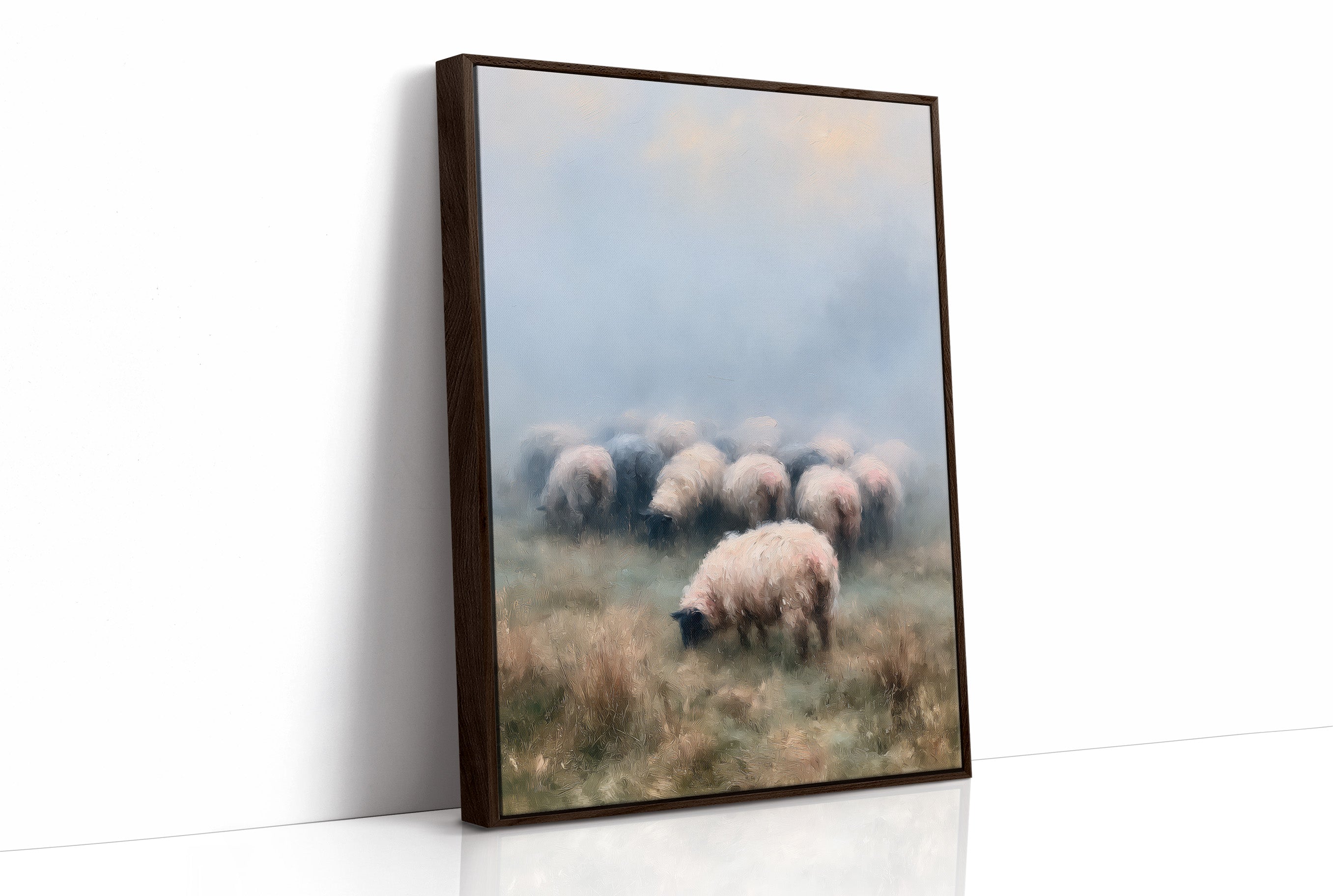 Sheep Grazing in Morning Mist
