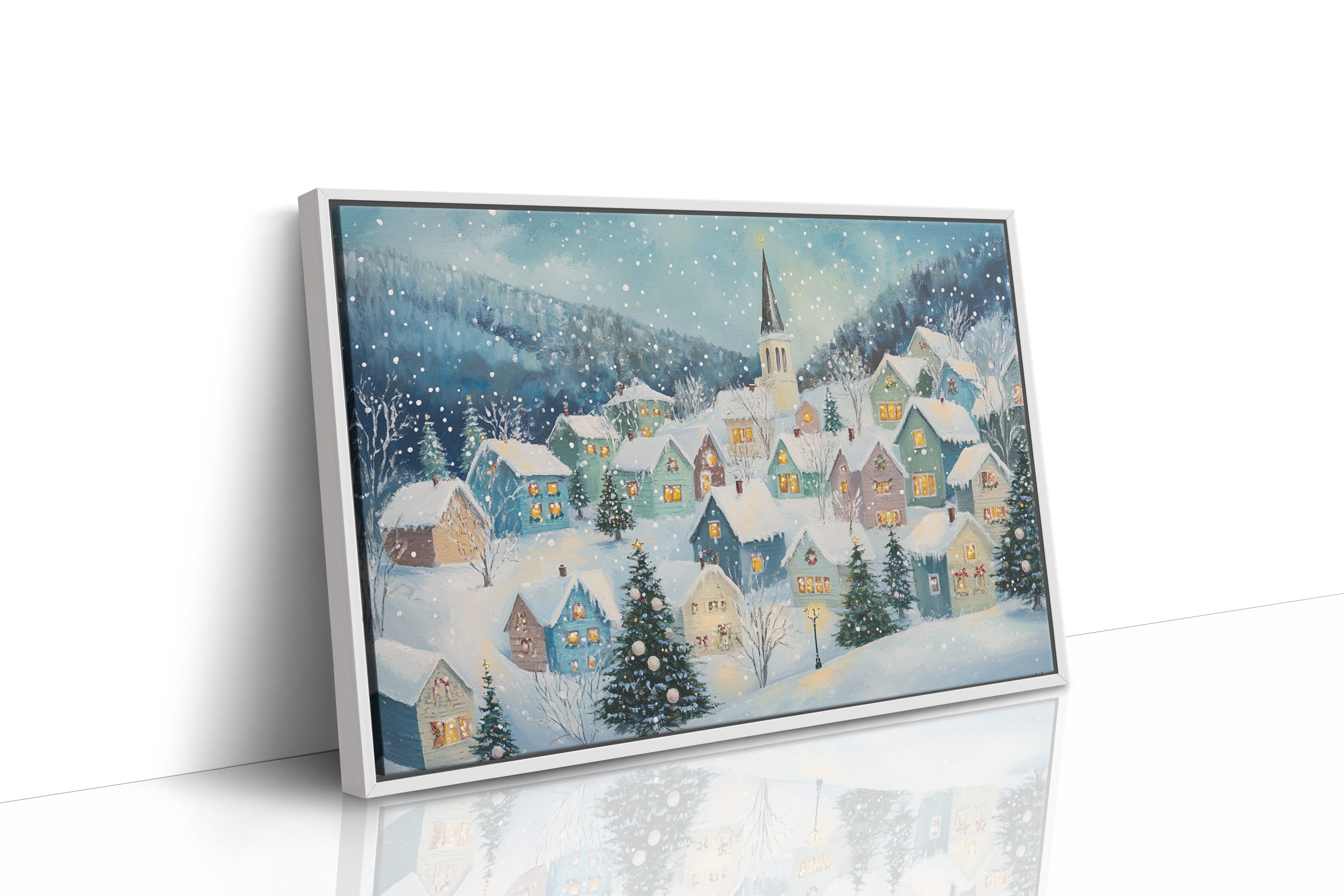 Snow Falls On Candlelit Village Windows