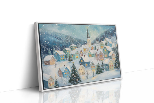 Snow Falls On Candlelit Village Windows