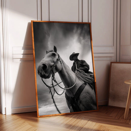 Framed artwork of a horse and rider in a room with wooden floor and chair.