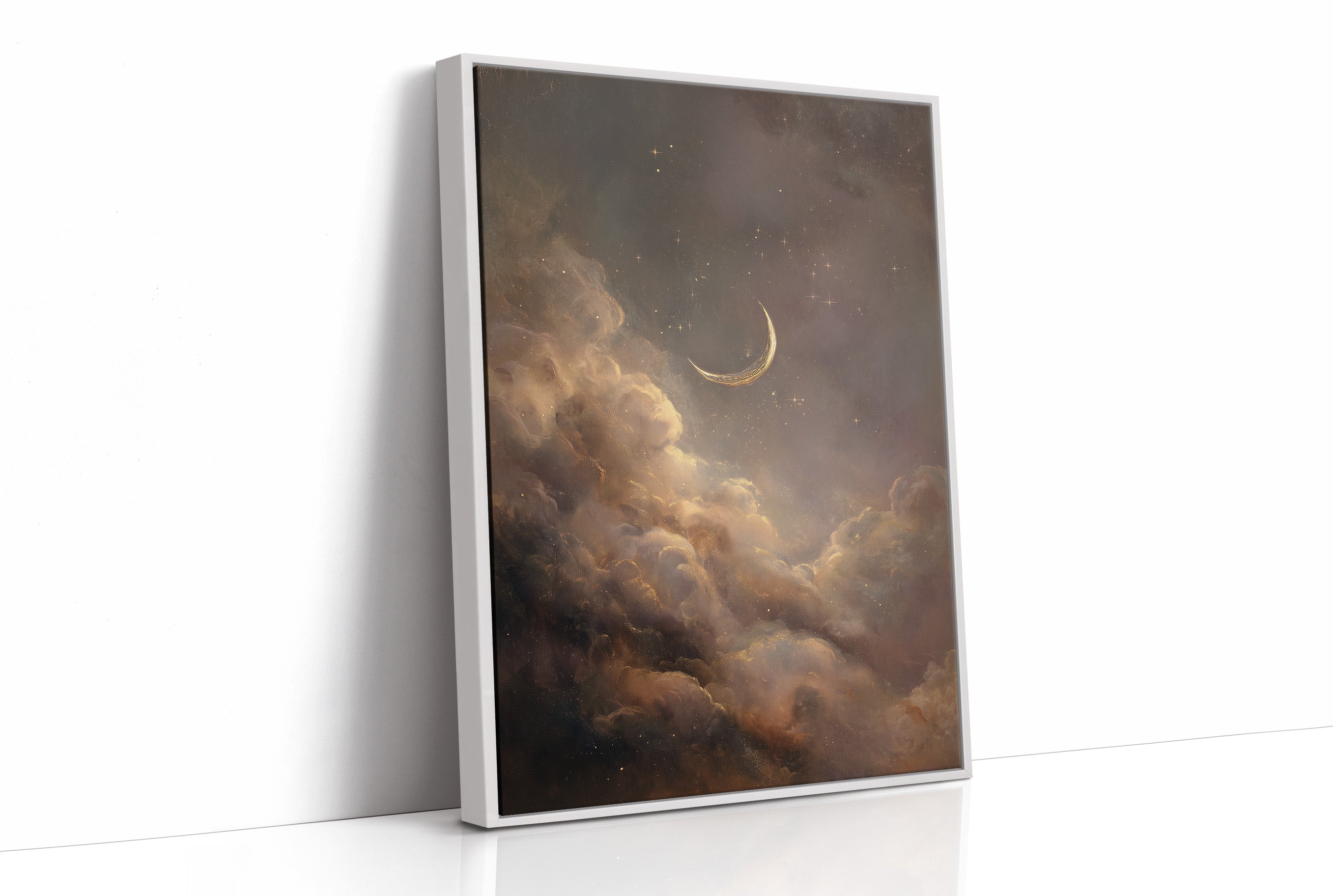 Crescent Floats Through Amber Clouds