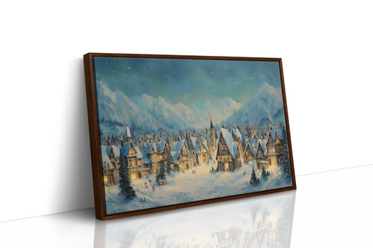 Winter Village Glows Under Mountain Stars