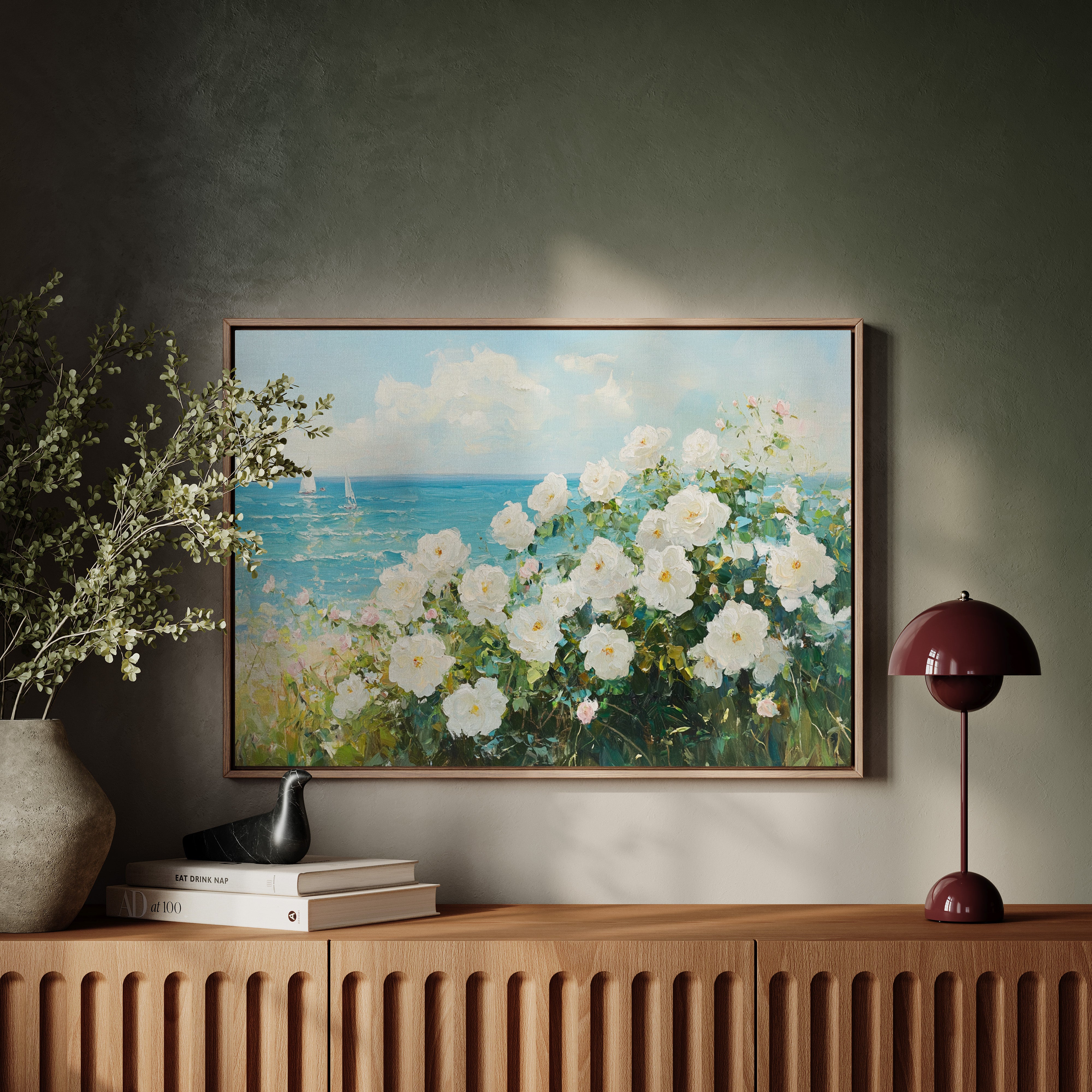 Coastal Roses Dance With Sailboats