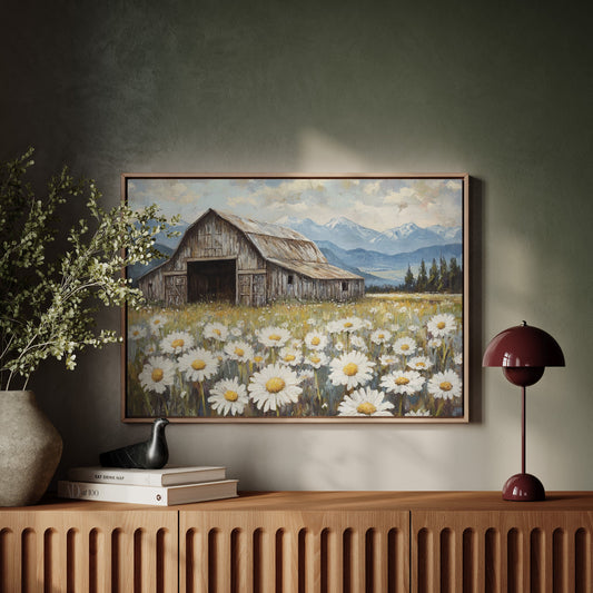 Rustic Barn Wall Art – Wildflower Meadow Print, Country Farmhouse Decor, Vintage Landscape Painting