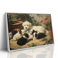 Puppies Rest Among Garden Geraniums