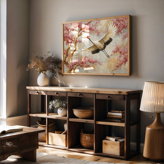 Cherry Blossoms Dance With Crane's Grace