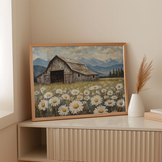 Rustic Barn Wall Art – Wildflower Meadow Print, Country Farmhouse Decor, Vintage Landscape Painting