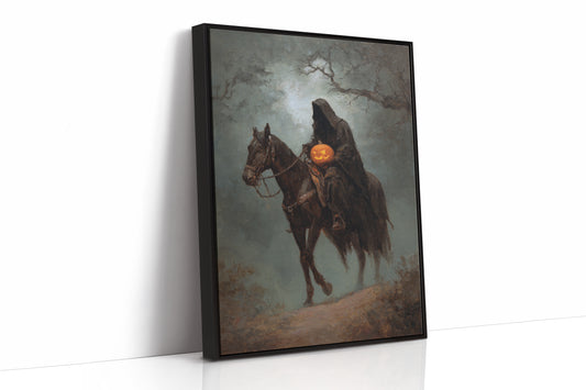 Haunting Rider Halloween Art Print - Gothic Wall Decor - Black Framed Canvas image 1