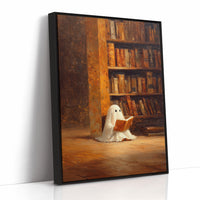 Whimsical Ghost Library Canvas Print - Enchanting Art - Black Framed Canvas image 1
