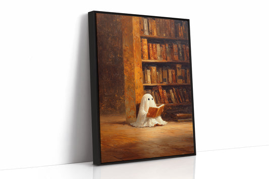 Whimsical Ghost Library Canvas Print - Enchanting Art - Black Framed Canvas image 1