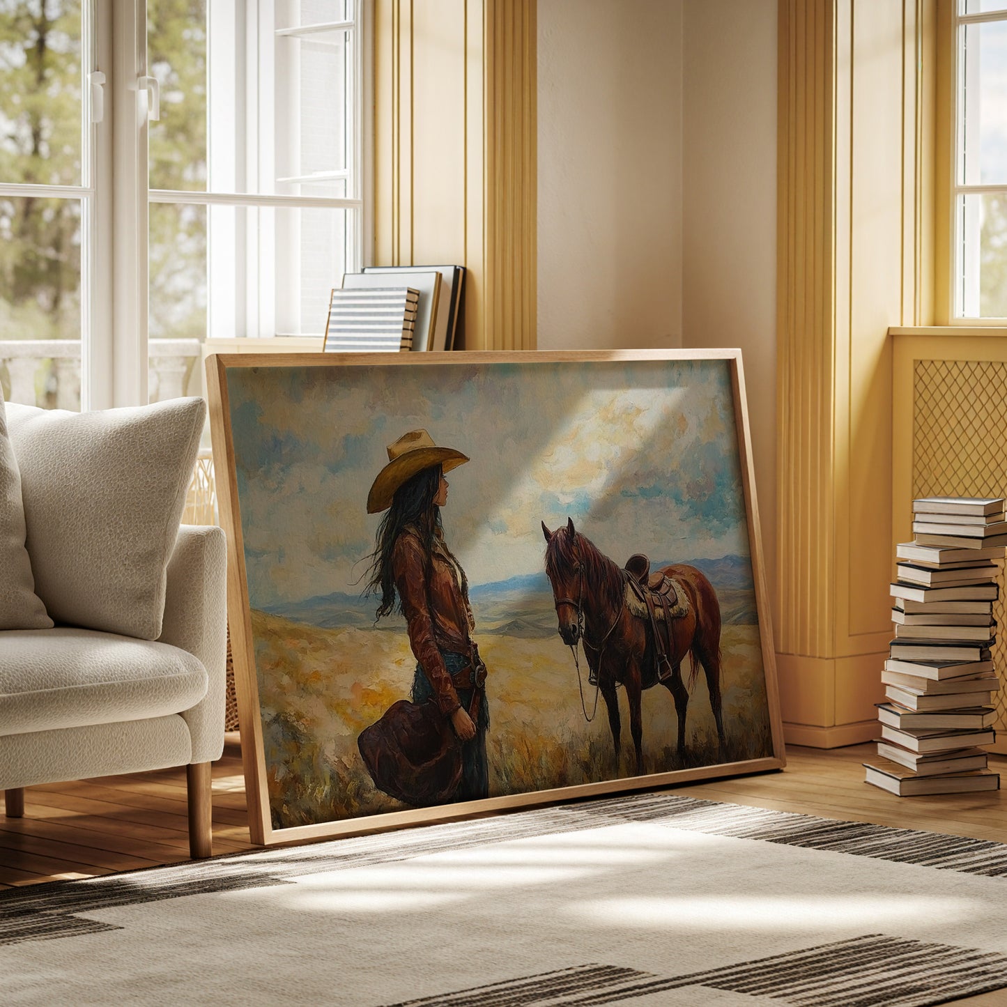 Cowgirl and Her Mustang on the Open Range