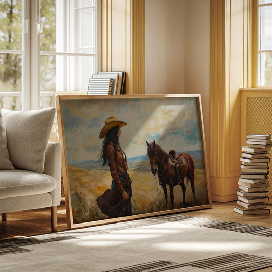 Cowgirl and Her Mustang on the Open Range
