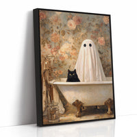 Ghostly Cat In Bathtub Canvas - Whimsical Vintage Art - Black Framed Canvas image 1