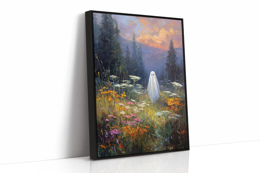 Ghostly Meadow Landscape Canvas - Whimsical Nature Art - Black Framed Canvas image 1