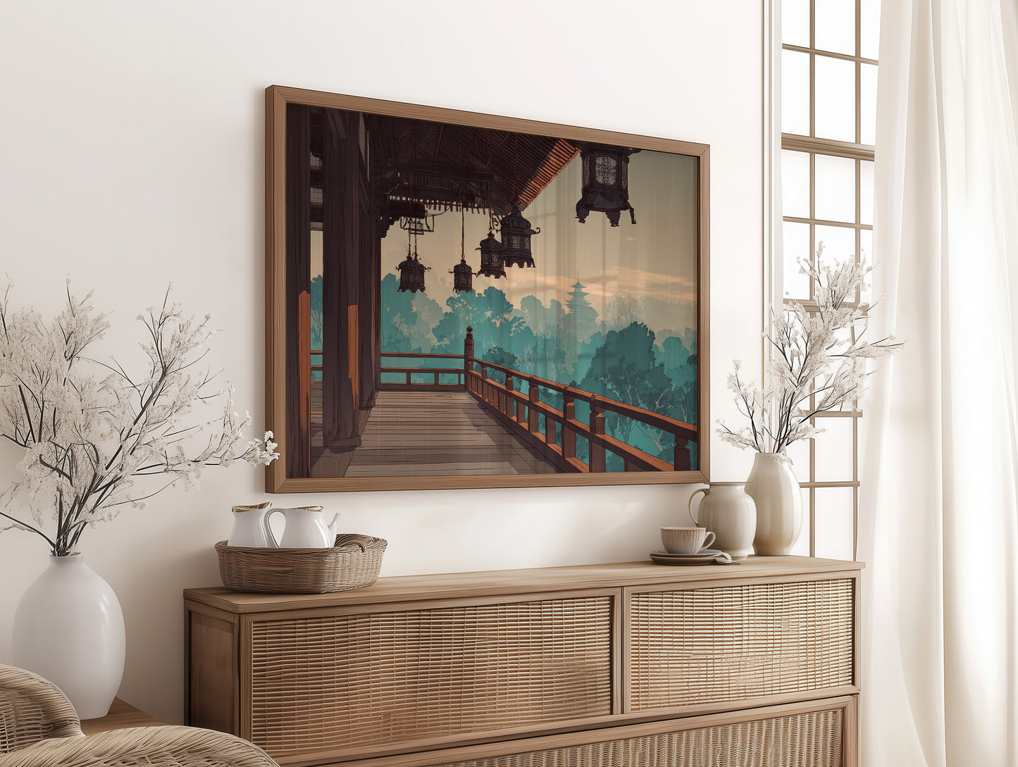 Temple Lanterns Guide Misty Dawn