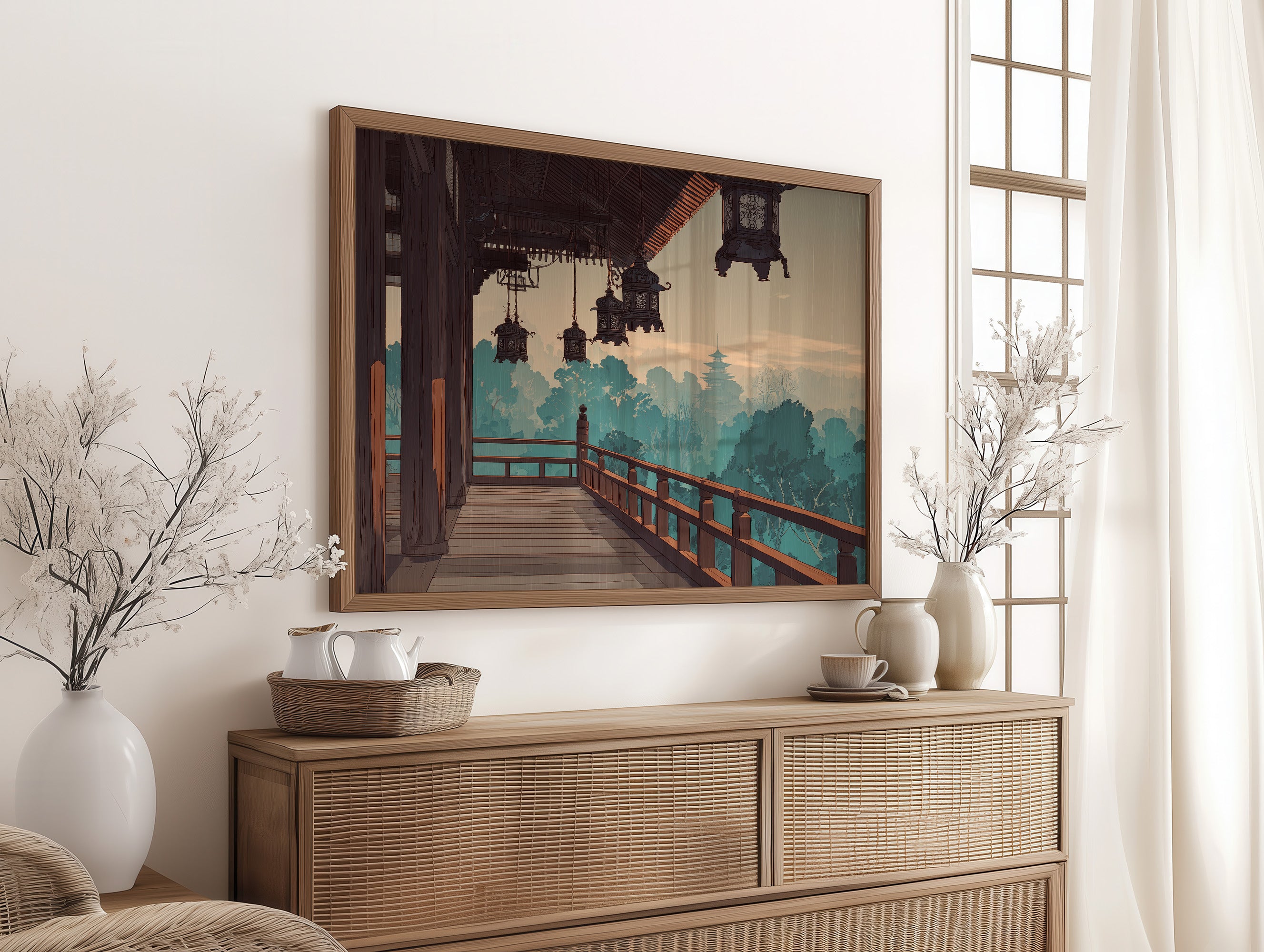 Temple Lanterns Guide Misty Dawn