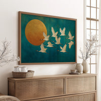 Cranes Dance Against Golden Moon
