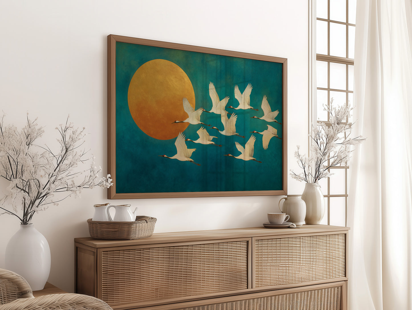 Cranes Dance Against Golden Moon