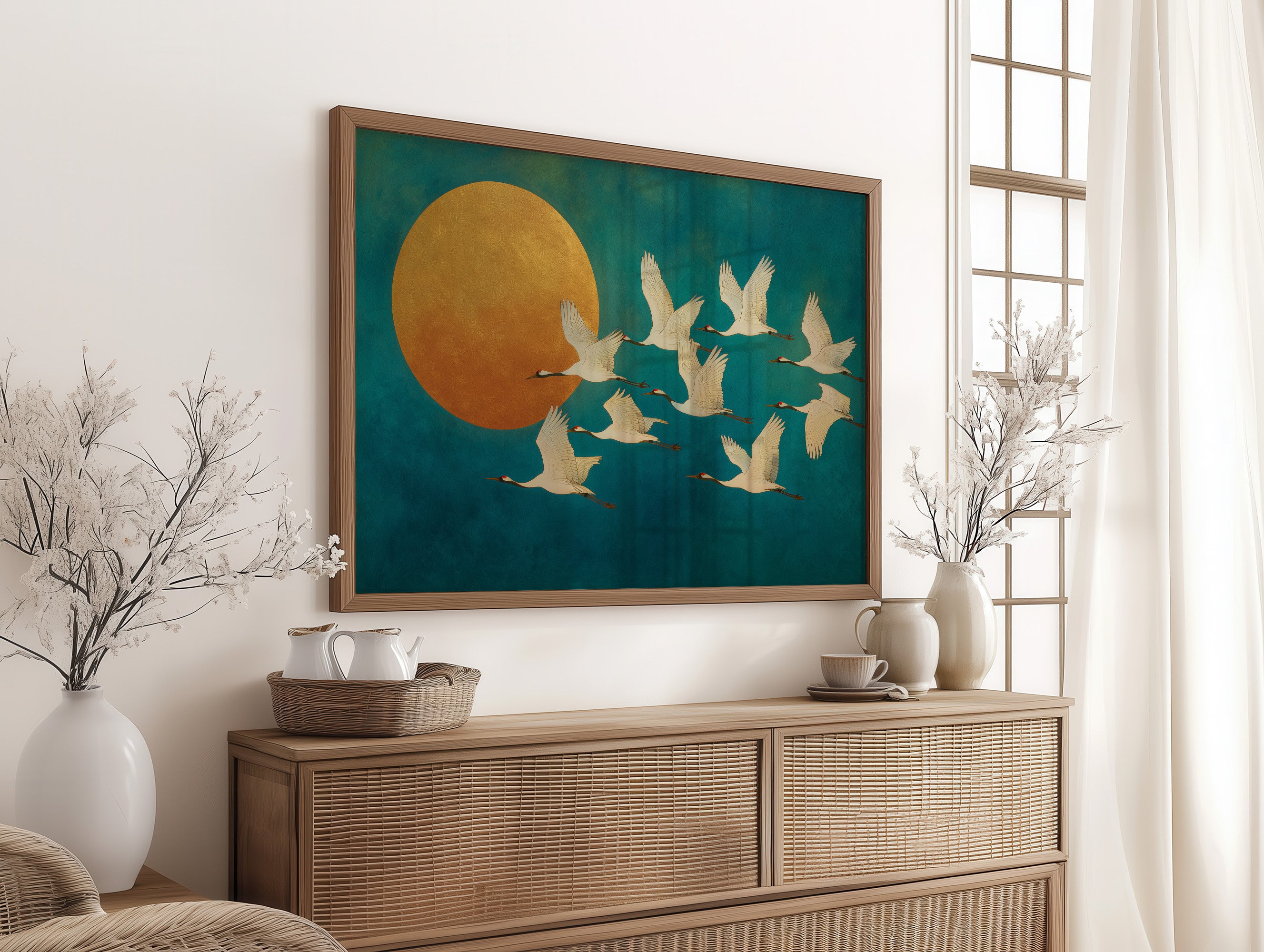 Cranes Dance Against Golden Moon