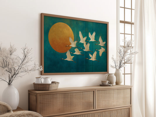 Cranes Dance Against Golden Moon