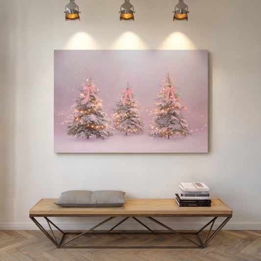 Pink Bows Dance Through Snow Light
