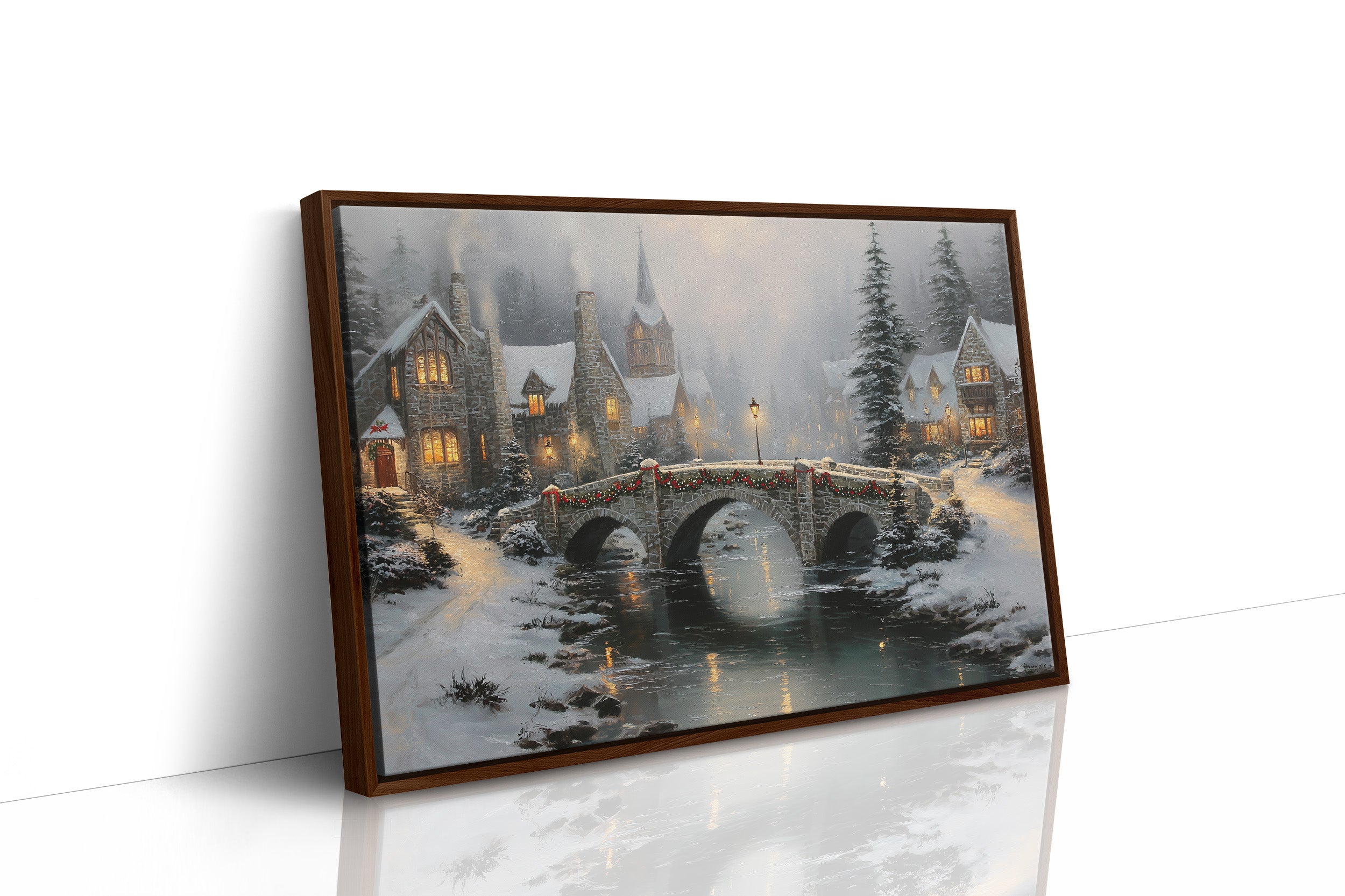 Snow Falls On Stone Bridge Lights