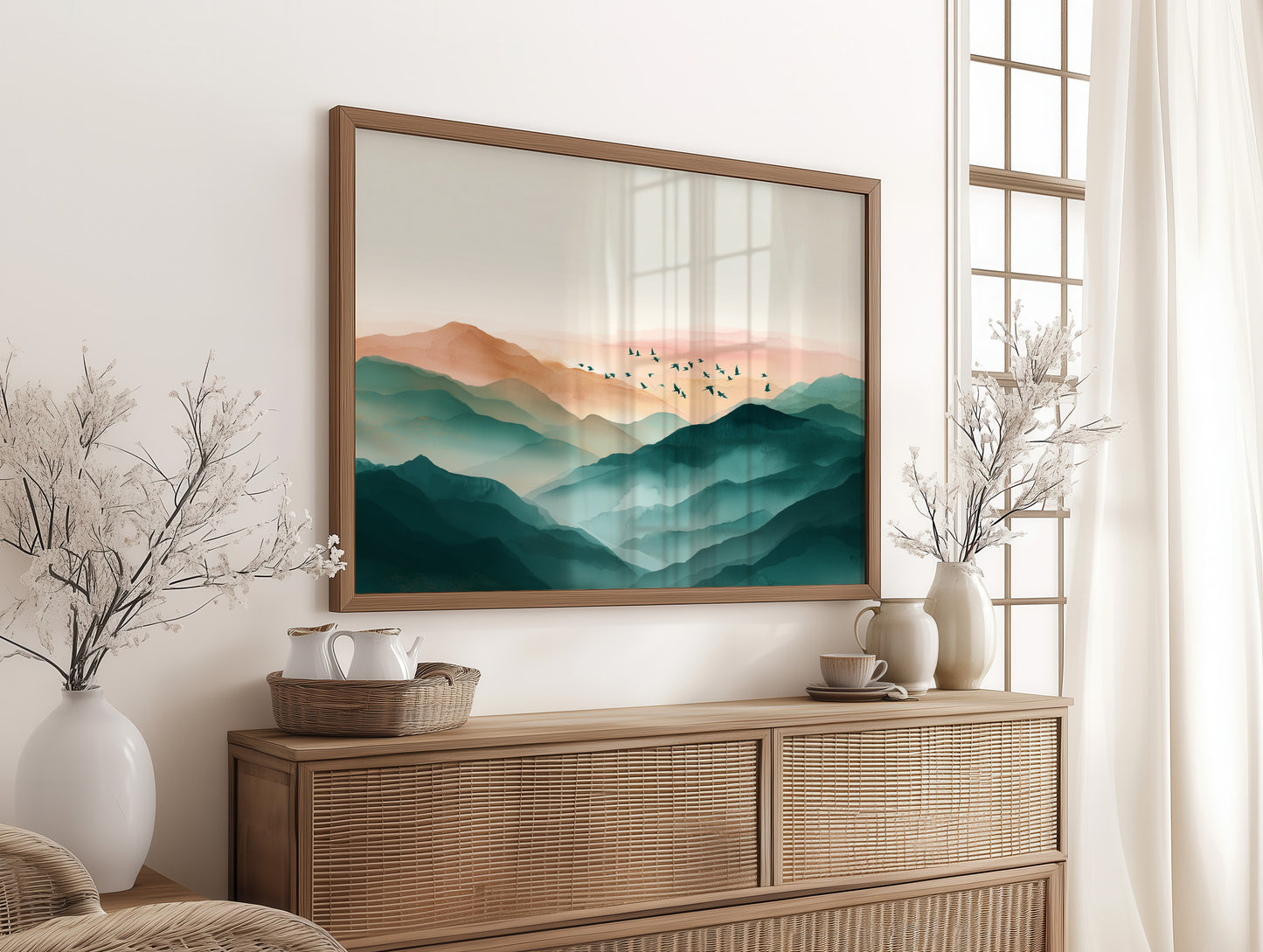 Birds Soar Above Misty Peaks