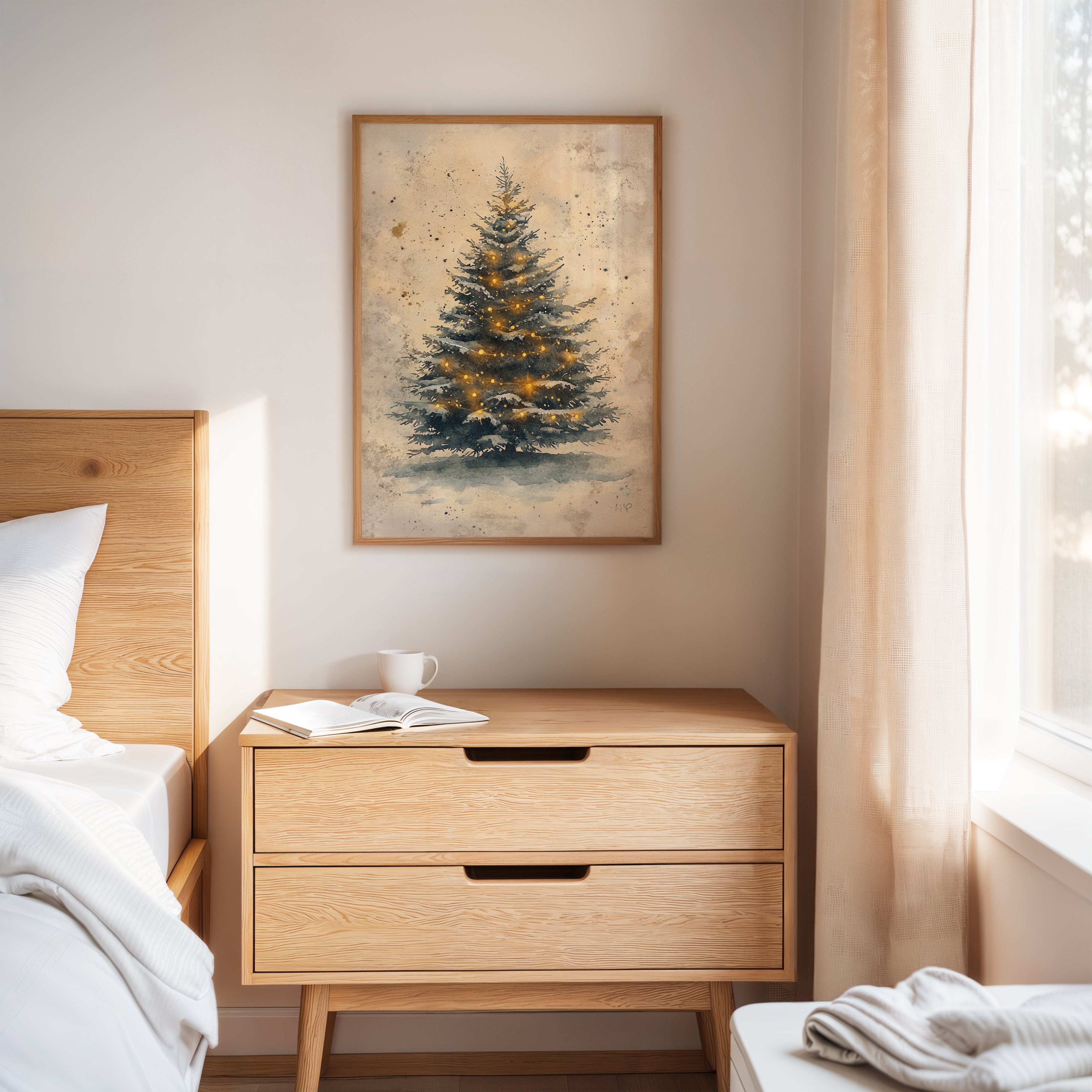 Glowing Christmas Tree Watercolor Print - Festive Wall Art - Gallery Canvas image 3