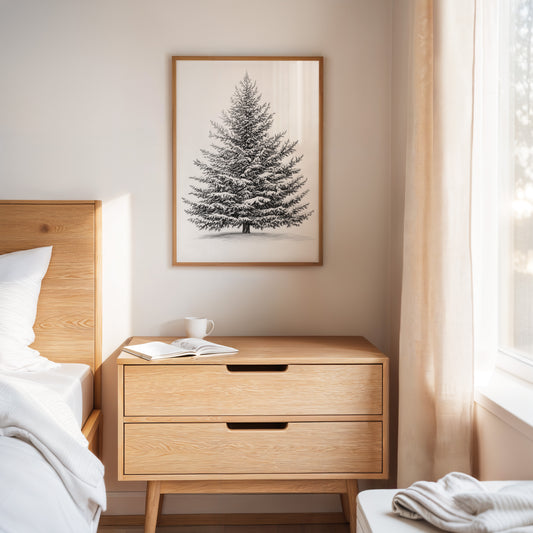 Snow-Covered Pine Tree Drawing - Winter Botanical Art - Gallery Canvas image 14