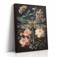 Golden Dragonfly: Dark Floral Baroque Canvas Wall Art