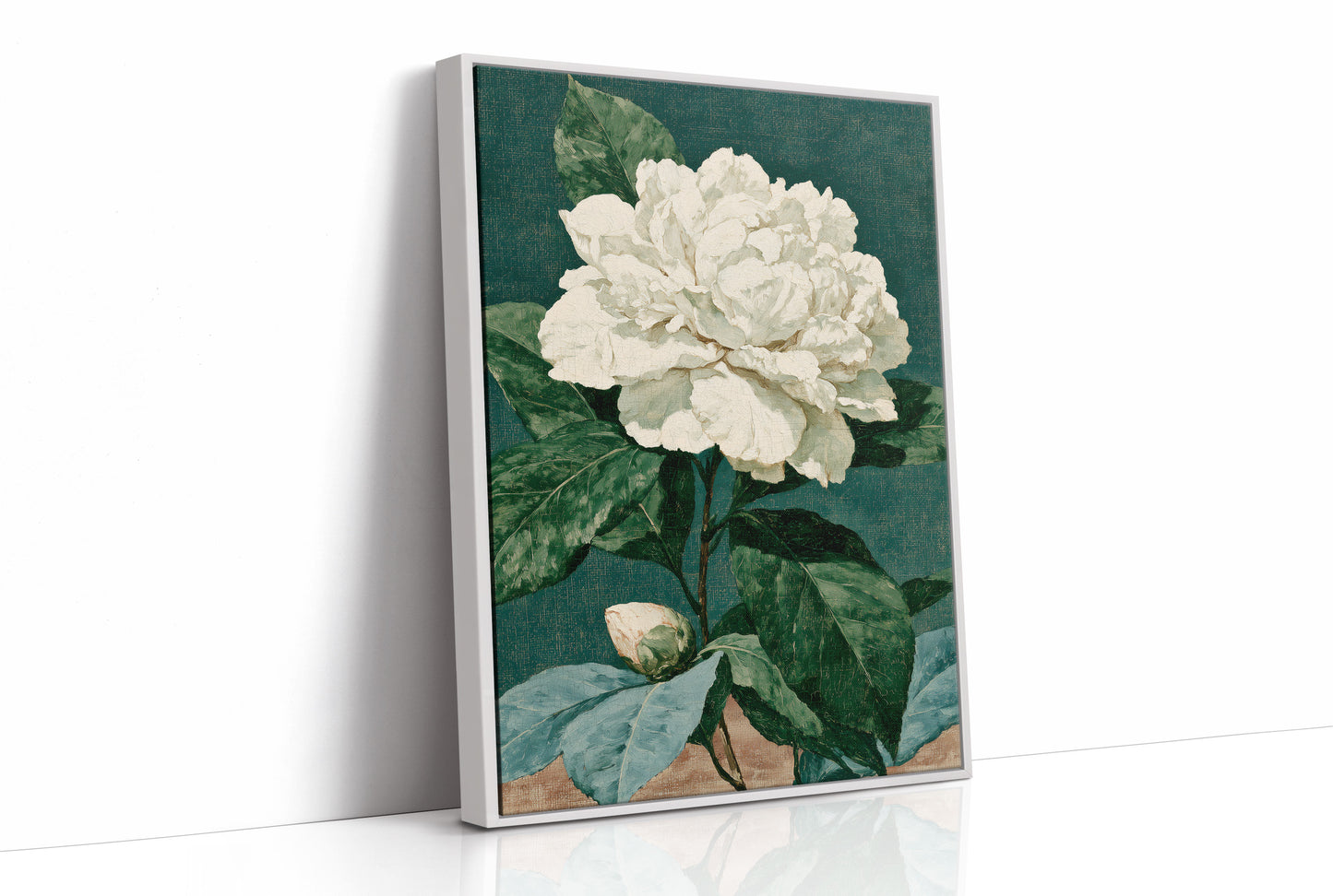 White Bloom on Cracked Teal Canvas
