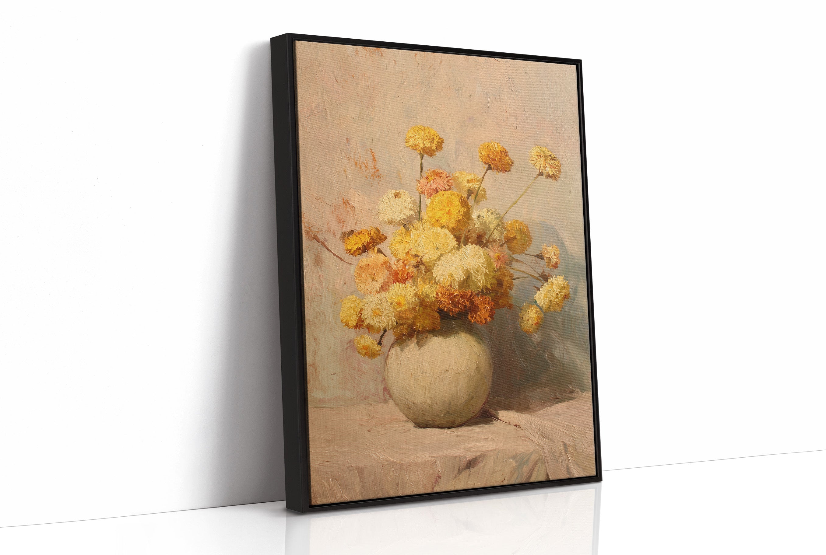 Sunlit Chrysanthemums in Cream Pottery