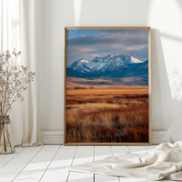 Golden Grasses Beneath Snowy Peaks