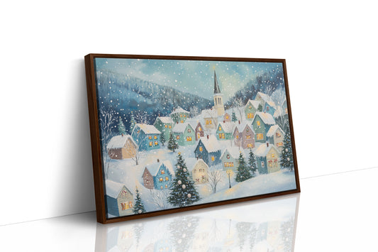Snow Falls On Candlelit Village Windows