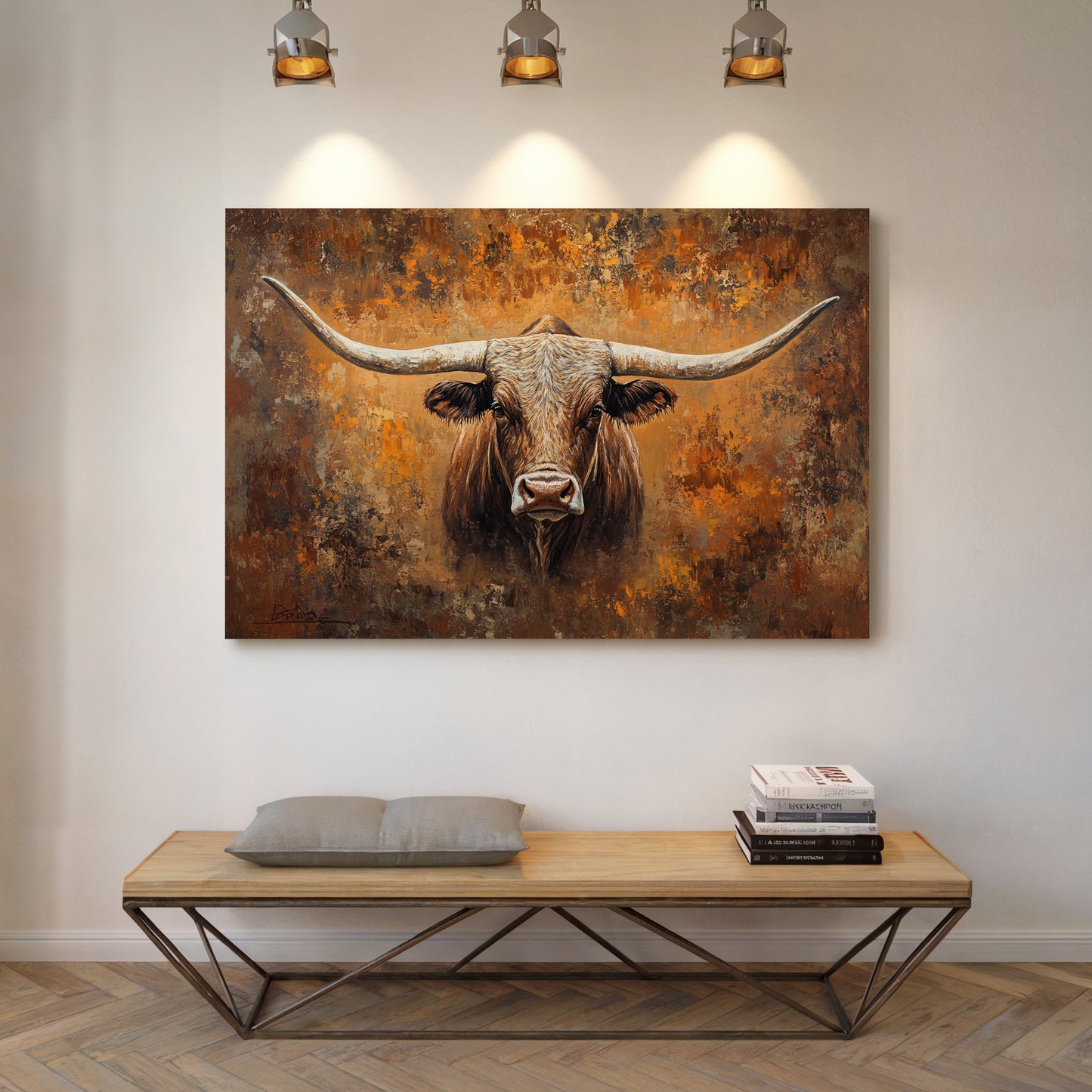 Longhorn's Gaze Through Autumn Fire