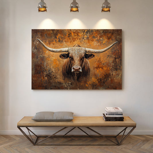 Longhorn's Gaze Through Autumn Fire