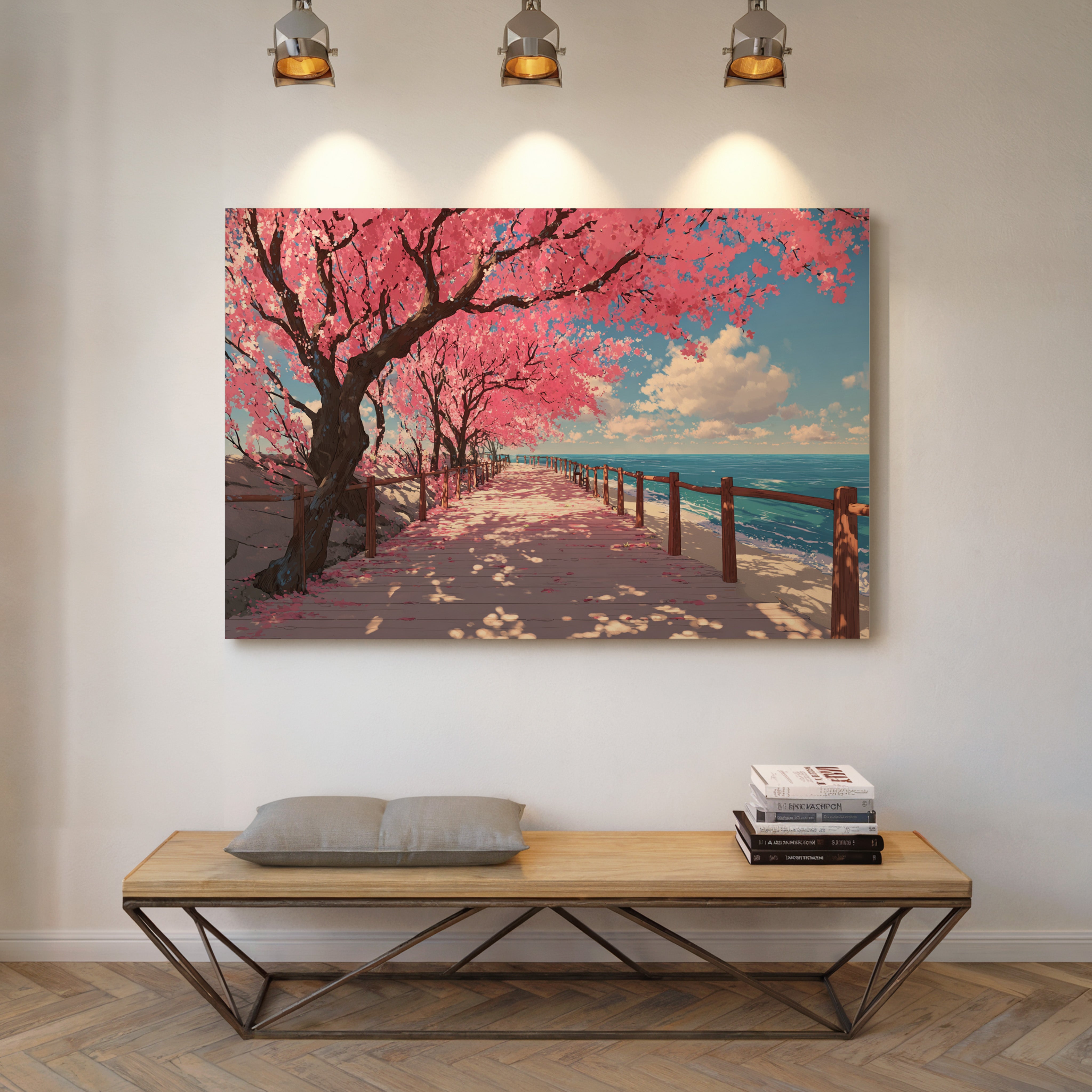 Cherry Blossoms Dance Above Ocean Paths