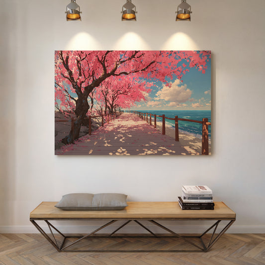 Cherry Blossoms Dance Above Ocean Paths