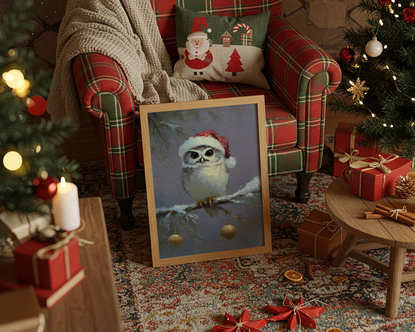 Festive Owl Perches Among Ornaments