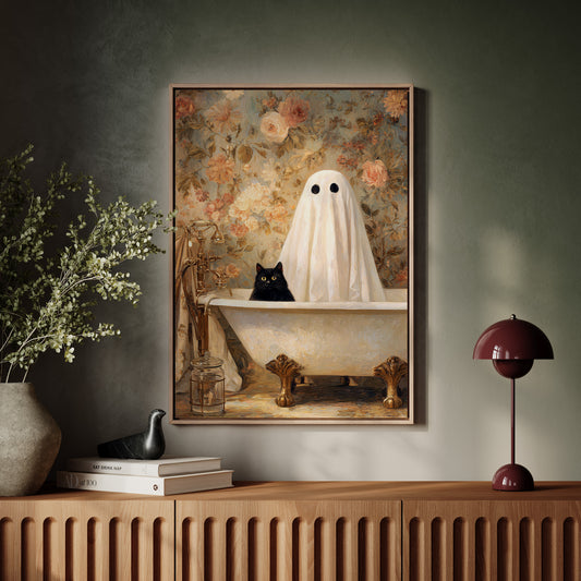 Ghostly Cat In Bathtub Canvas - Whimsical Vintage Art - Gallery Canvas image 14