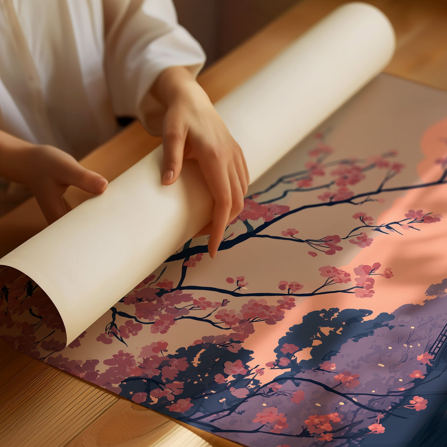 Cherry Blossoms Frame the Evening Bridge