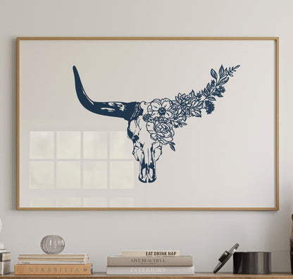 Floral Longhorn Skull Wall Art – Western Boho Cow Skull Print