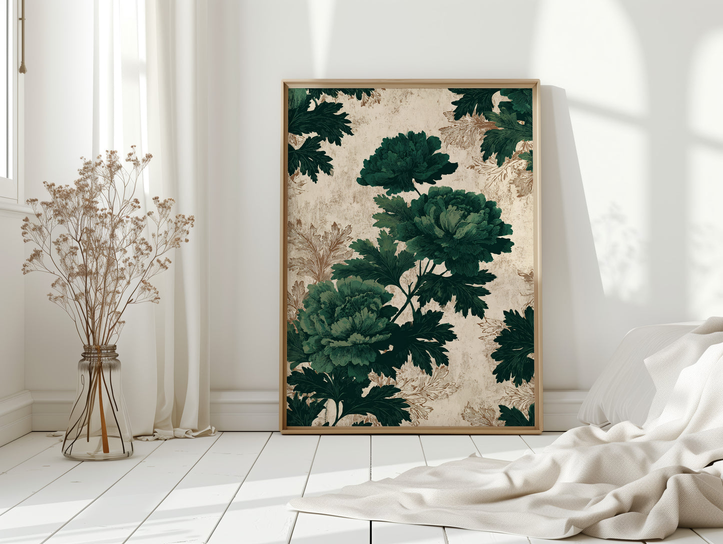 Emerald Blooms on Rustic Canvas