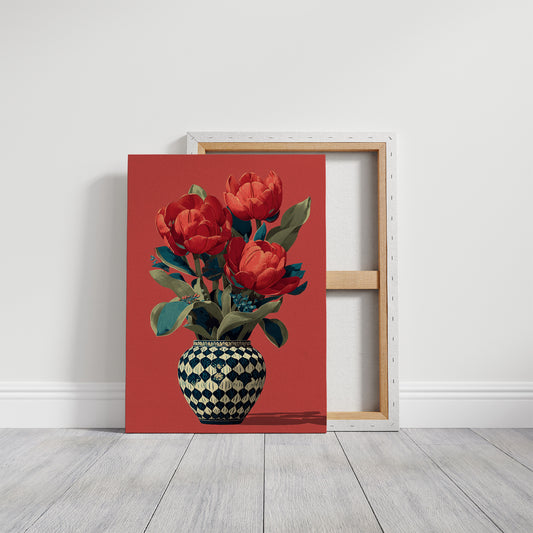Red Tulips in a Traveled Vase